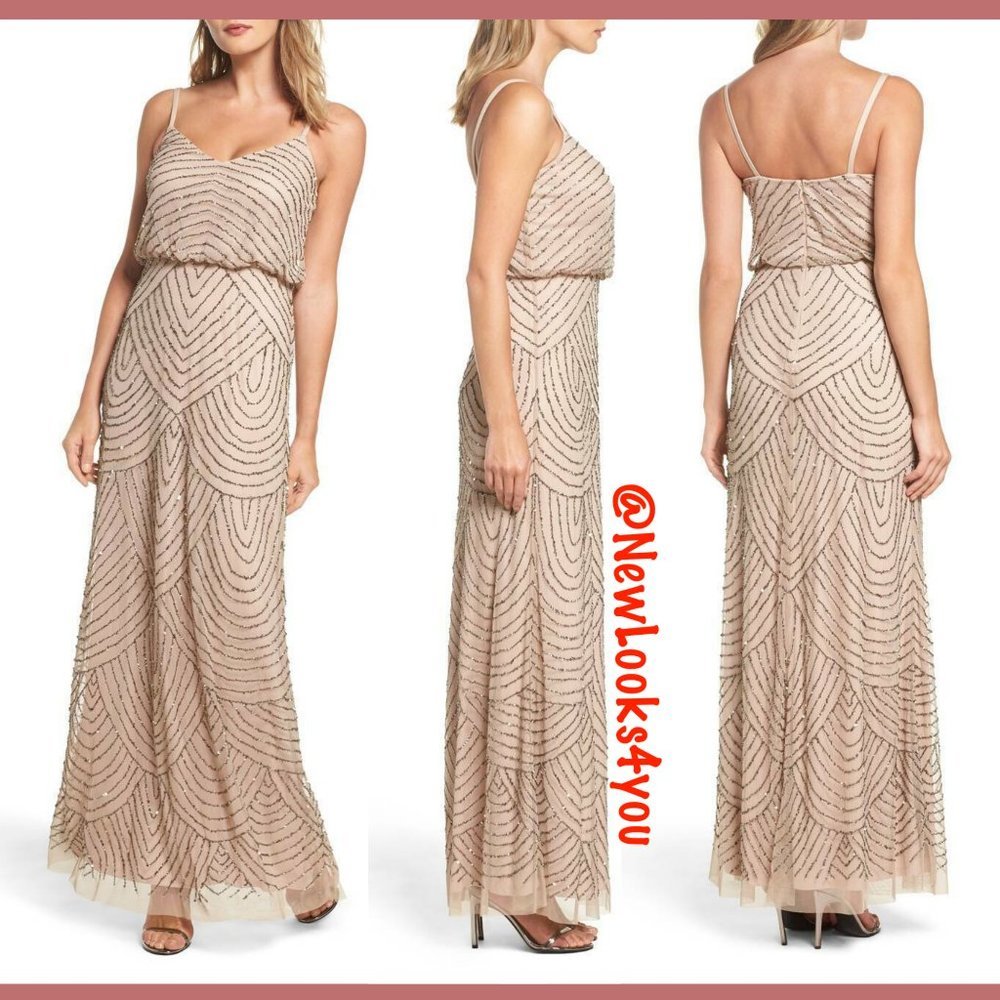 NEW Adrianna Papell Art Deco Beaded Blouson Gown in‎ Taupe Pink [SZ 10 12 14 ]
